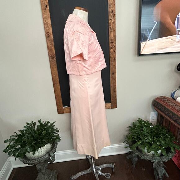 Vintage 50s Pink Satin Dress Bolero Set L Floral Brocade Cocktail Party Formal - Picture 13 of 16